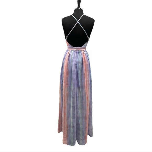 Ever After Pastel Watercolor Deep V-Neck Sheer Tulle Maxi Dress Sz S - Picture 8 of 16